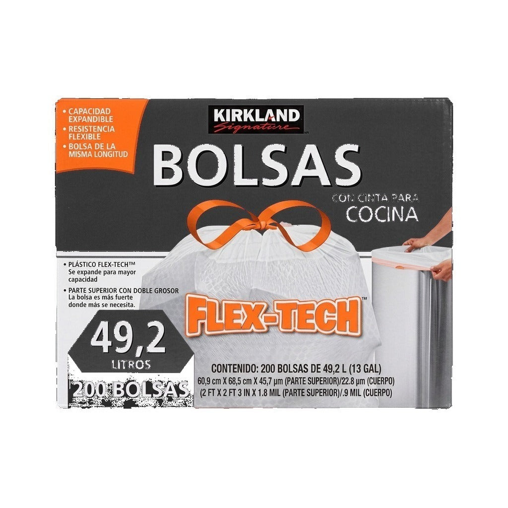 Kirkland Signature Flex-Tech Kitchen Trash Bags 49.2L (200 Count)